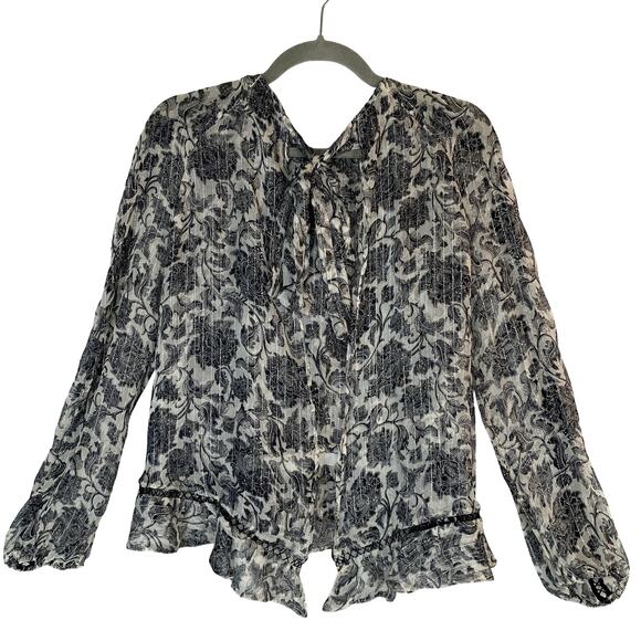 Zimmermann Floral Sheer Ruffle Blouse Women 0 Black Ivory Metallic Top - Picture 3 of 10